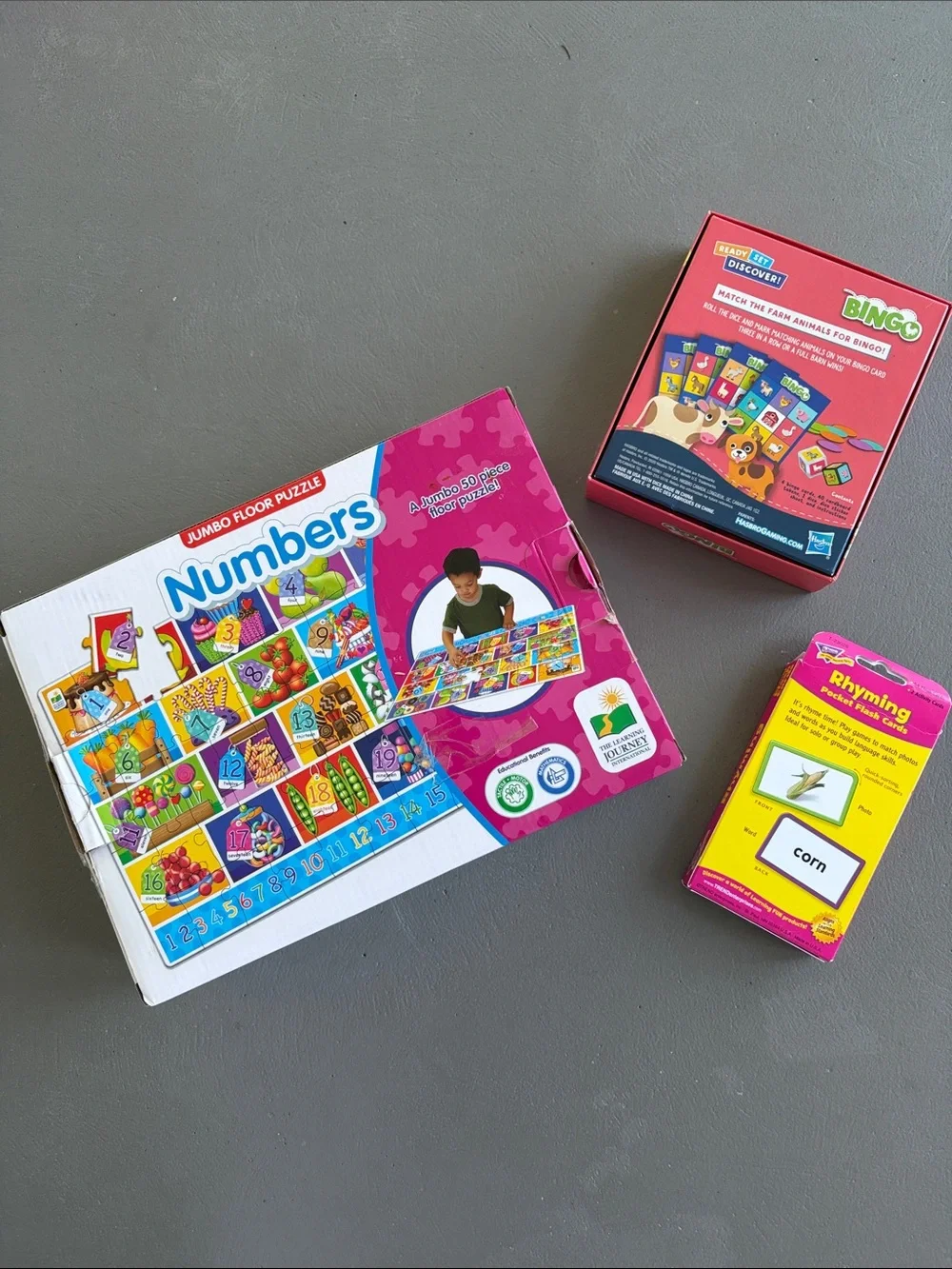 Numbers Jumbo Floor Puzzle, Bingo Game and Rhyming Flash Cards